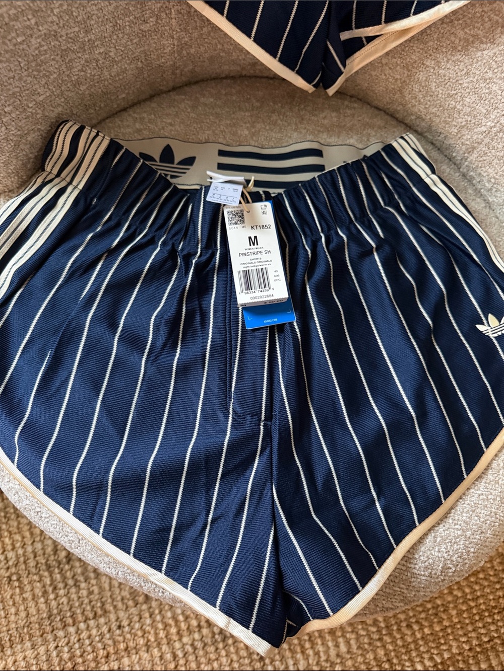adidas Navy Pinstripe Athletic Shorts with Cream Trim - Picture 2 of 8